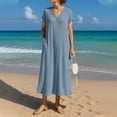 thumbnail image 2 of Fartey Cotton Linen Shirt Dresses for Women Casual Button Down Maxi Dress Summer V Neck Short Sleeve Dresses Breathable Beach Sundress Blue XL, 2 of 9