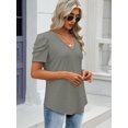 thumbnail image 3 of Womens Summer Shirt V Neck Casual Tshirts Puff Sleeve Tops for Women Trendy Tunic Solid Color, 3 of 6