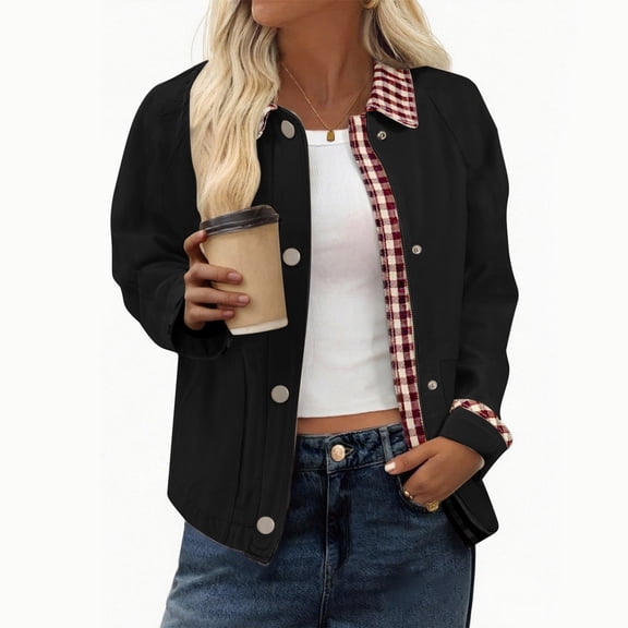 Women's Contrast Cuff Jacket, Plaid Collar Long Sleeve Top, Relaxed Fit Casual Outerwear, Lightweight Zip Up Coat, No Hood Everyday Wear, Barn Style Shirt Jacket Black L