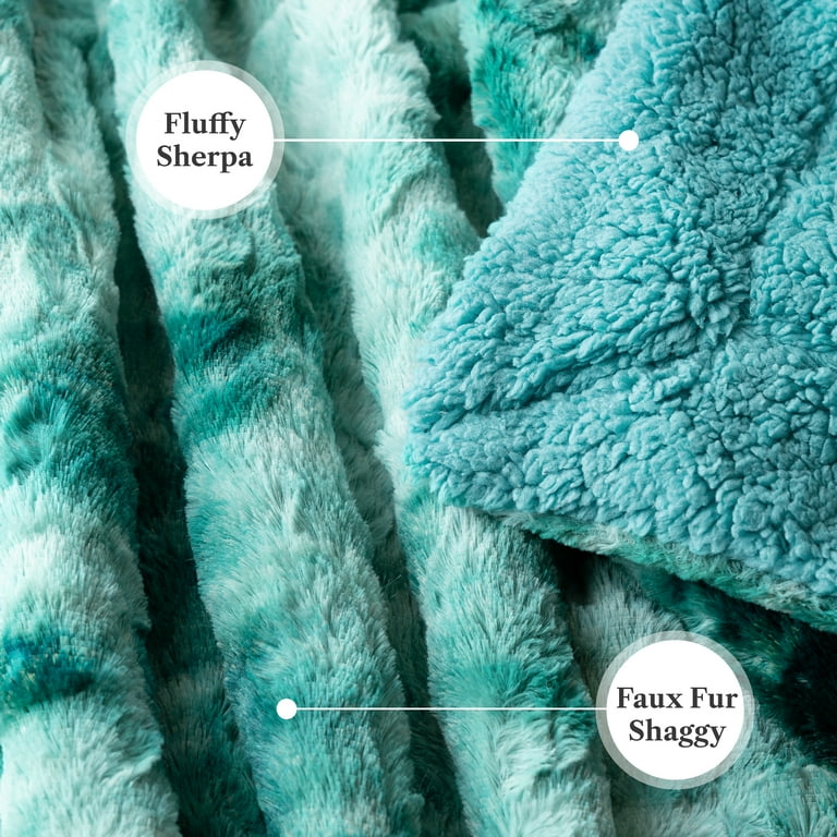 PAVILIA Faux Fur Throw Blanket Twin Tie Dye Turquoise Soft Warm Sherpa Blankets Throws for Bed Fluffy Plush Thick Fleece Throw Blanket for Couch