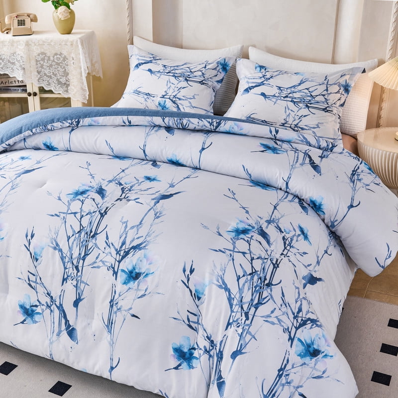 Koniroom 3Pcs Blue Blossom Comforter Set Queen Size, Blue Flower Branch on White Bedding Sets for Women