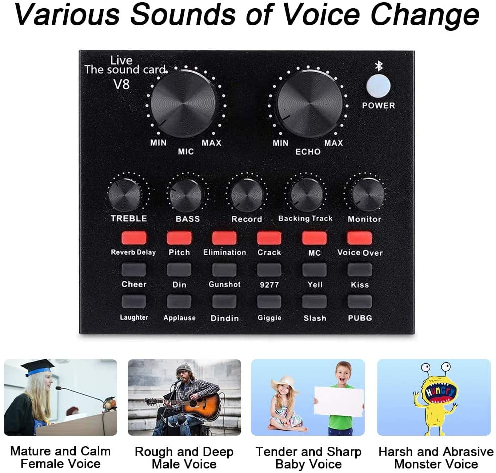 USB Audio Interface V8 Sound Card V8 Sound Card PS4 Voice Changer Device with Multiple Funny Sound Effect IPad Computer Mobile Phone Recording Sound Card for Microphone …