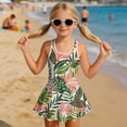 thumbnail image 3 of COEQINE Girls Tank Neck One Piece Swimsuit with Skirt & Liner, Sleeveless Wide Straps V-Back Summer Swim Dress for Swim Lessons & Water Play, Ages 8-9, Green Monstera Palm Leaf, 3 of 8
