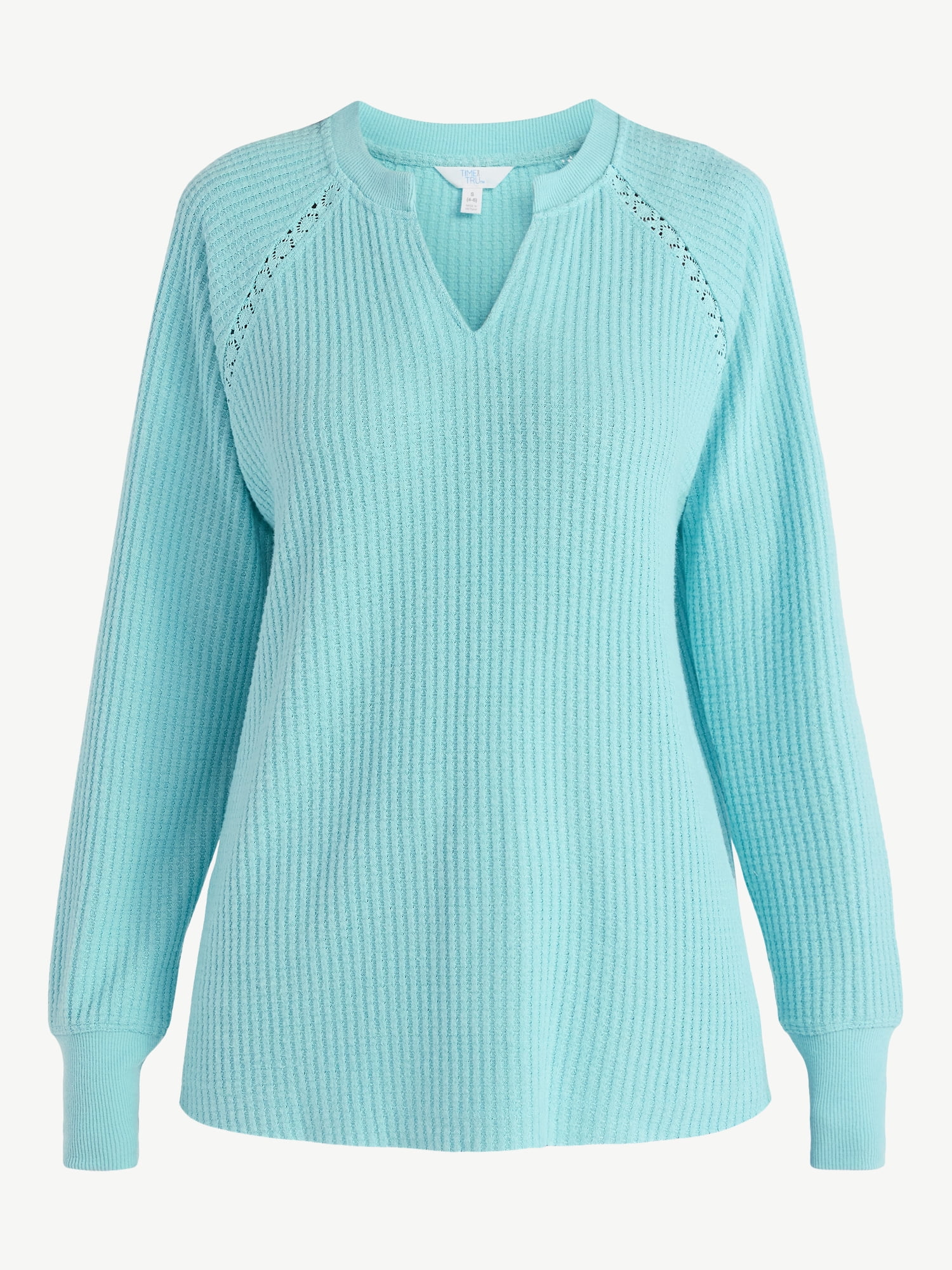 Time and Tru Women’s Notch Neck Waffle Top with Long Sleeves, Size XS-XXXL