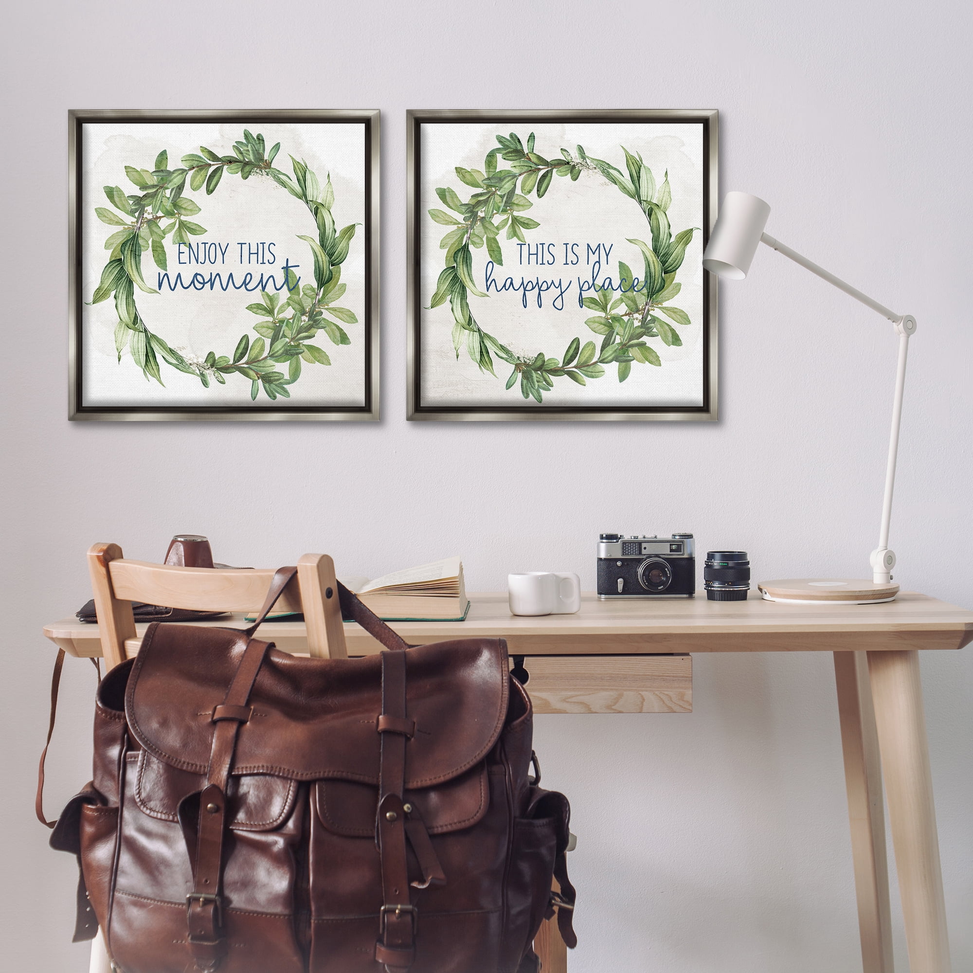 Stupell Industries Enjoy Happy Greenery Wreath Text & Numbers Painting Gray Floater Framed Canvas Art Print Wall Art, 25 x 25, Set of 2