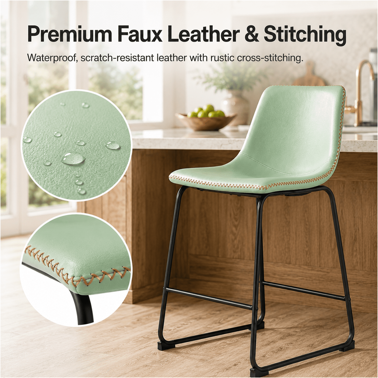 Alvantor 26 Inch Counter Height Bar Stools Set of 2, Armless Industrial Faux Leather Barstools with High Back and Metal Legs, Upholstered Comfortable Bar Chairs with Footrest
