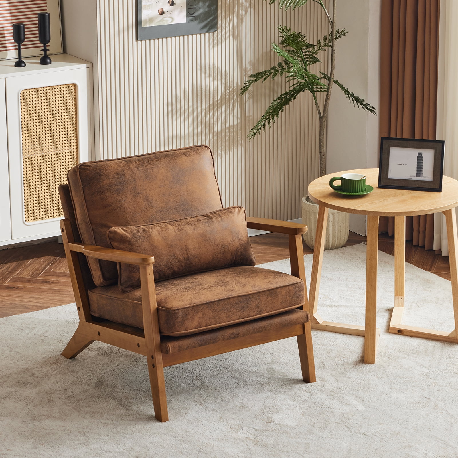 Ktaxon Accent Chair Suede Upholstered Armchair, Reading Club Chair with Pillow for Living Room Bedroom Furniture Brown