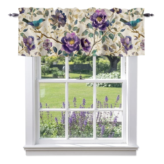Spring Florals Valances for Windows, Vintage Gorgeous Purple Flower Bird Waterproof Leaf Valance Window Treatment Rod Pocket Short Curtains Valances for Kitchen Bathroom 42"W x 12"L
