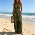 thumbnail image 4 of Tqcoqu Women's Halter Deep V Neck Rompers,Elastic Waist Wide Leg Linen Blend Jumpsuit with Pockets,Army Green Women's S-XXXL, 4 of 8