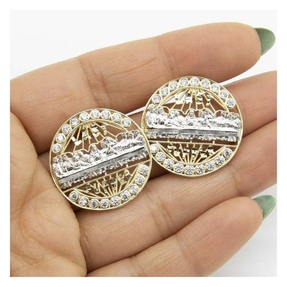 1" CZ Diamond-Cut Last Supper Unisex Adult Stud Earrings 10K Yellow White Gold, 7.06 Gr – Goldum NYC