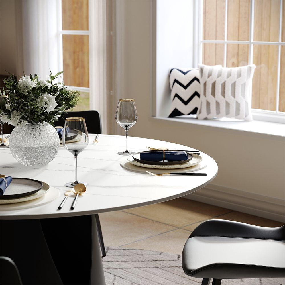 POVISON 47"Modern Round White Dining Table for 4, Matte Sintered Stone Tabletop, Solid Black Carbon Steel Base