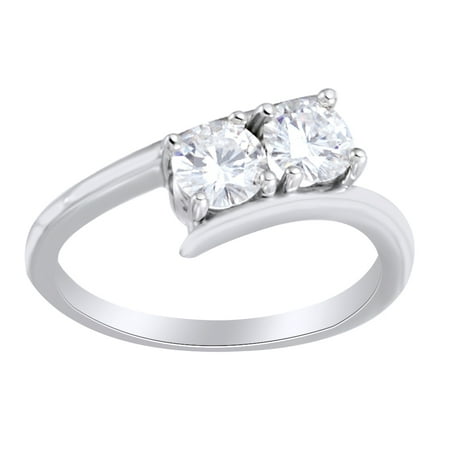 Two Stone Bypass Ring Round Cut Simulated White Moissanite Two Stone Bypass Ring In 14K Solid White Gold, Ring Size-4 ()