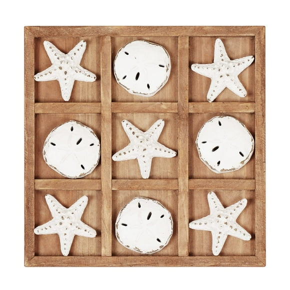 NIKKY HOME Tic-Tac-Toe de Plage pour s'Amuser Étoile de Mer Dollar de Sable Maison Côtière Décoration de Table Basse Plateau en Bois Jeu de Voyage, 8,97 par 8,97 Po Blanc Vieilli