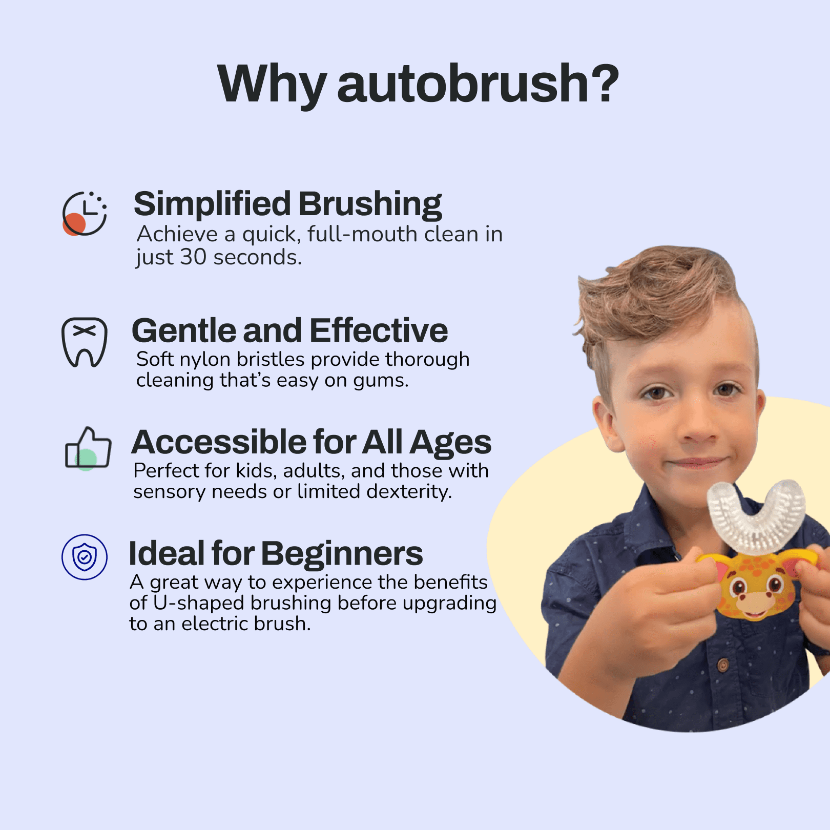 AutoBrush Manual Kids U Shaped Toothbrush with Soft Nylon Bristles (Double-Sided), Ages 9-12, Butterfly