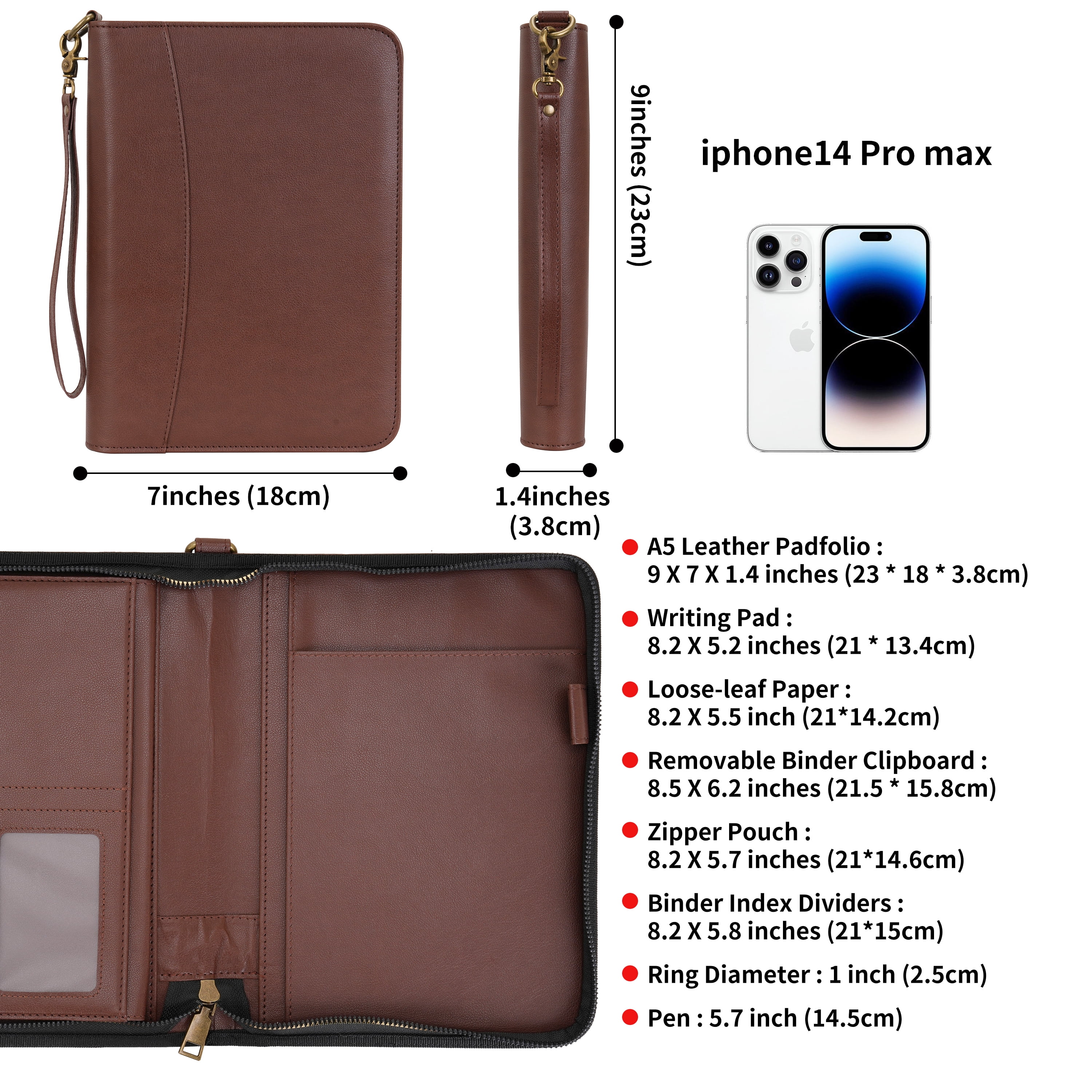WASON Portfolio A5 Binder Journal with Zipper - Leather pu Writing Notebook Padfolio with Detachable Refillable Notebook, Legal Pad for Business Study and Travel Organizer (Coffee)