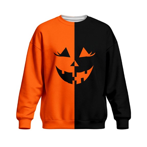 Dweltoz Halloween Sweatshirt for Men Oversized Pumpkin Face Graphic Pullover Crewneck Long Sleeve Color Block Funny Spooky Fall Tops,Khaki 5XL