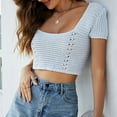 thumbnail image 2 of XFLWAM Women's Lace Crochet Crop Top Hollow Out Short Sleeve Sweater Ribbed Knit Top Light Blue M, 2 of 4