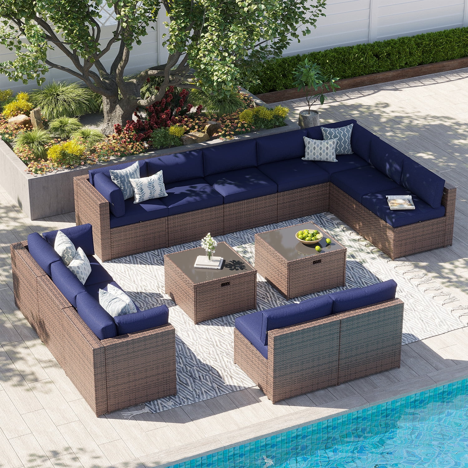 Clouddwell 14 Piece Patio Furniture Set Wicker Rattan Patio Conversation Set Outdoor Sectional Sofa Set with Coffee Table and Blue Cushions