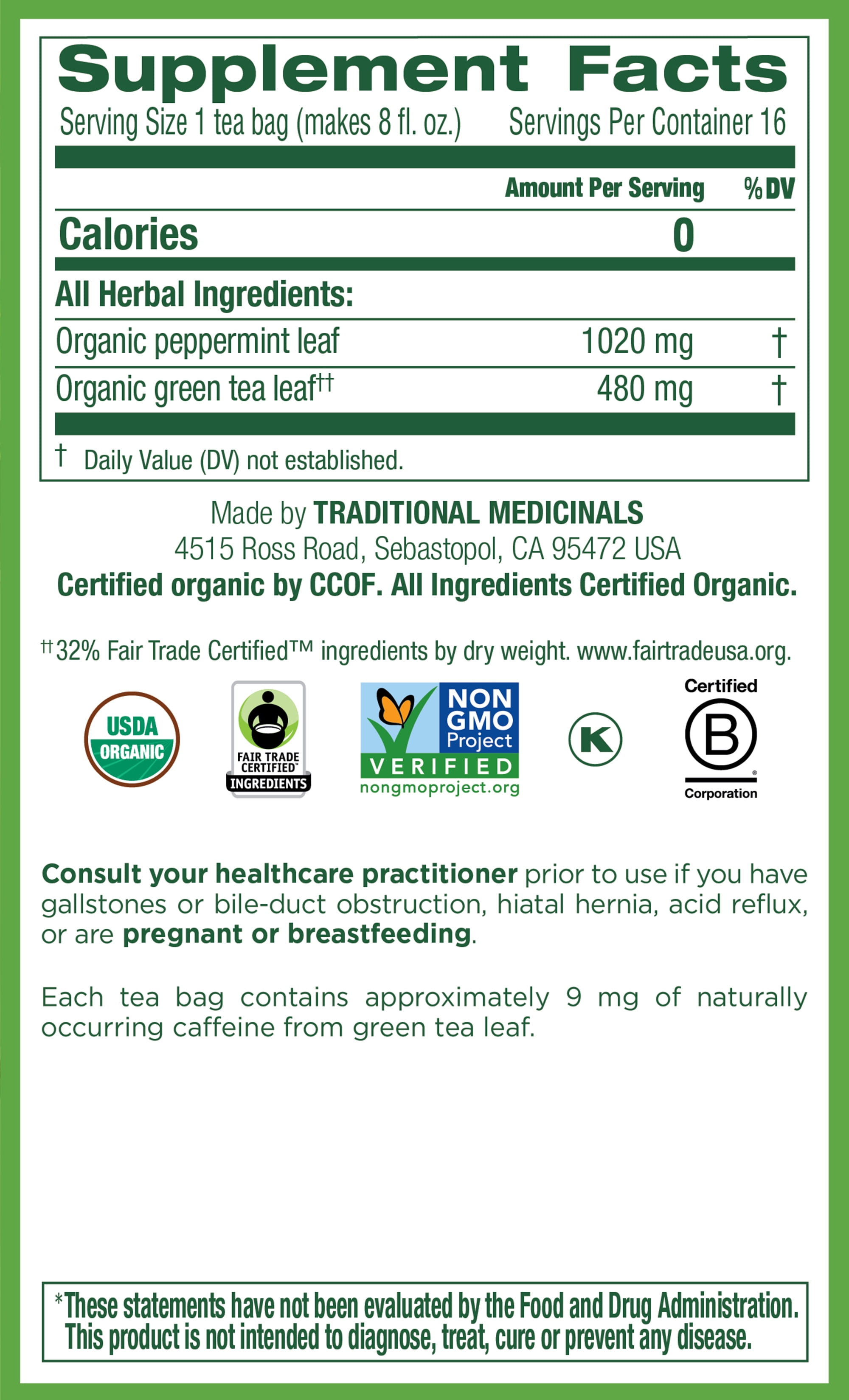(6 pack) Traditional Medicinals, Organic Green Tea Peppermint Tea Bags, 16 Ct