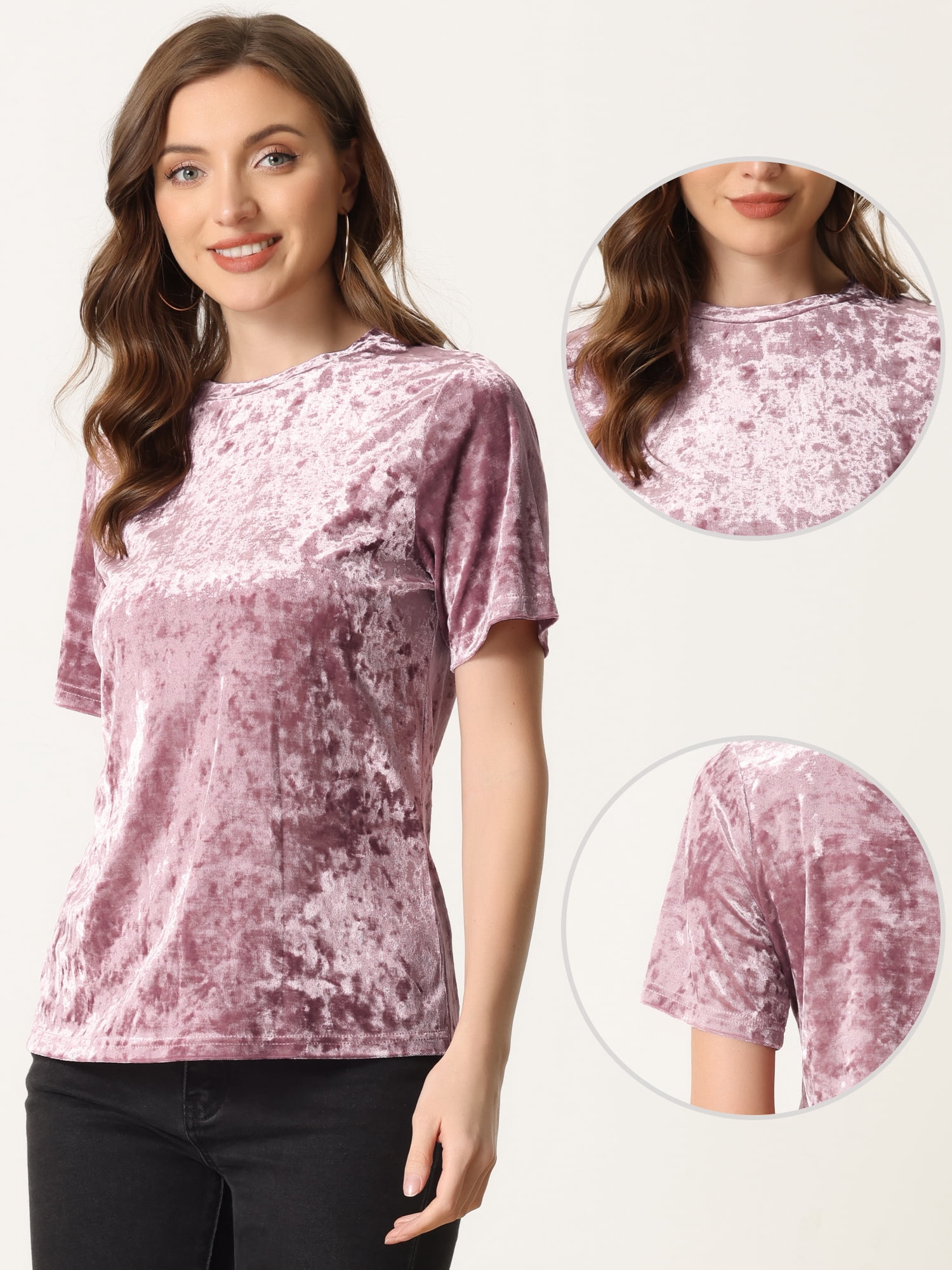 Unique Bargains Women's Casual Solid Round Neck Short Sleeve Velvet Top Pink L