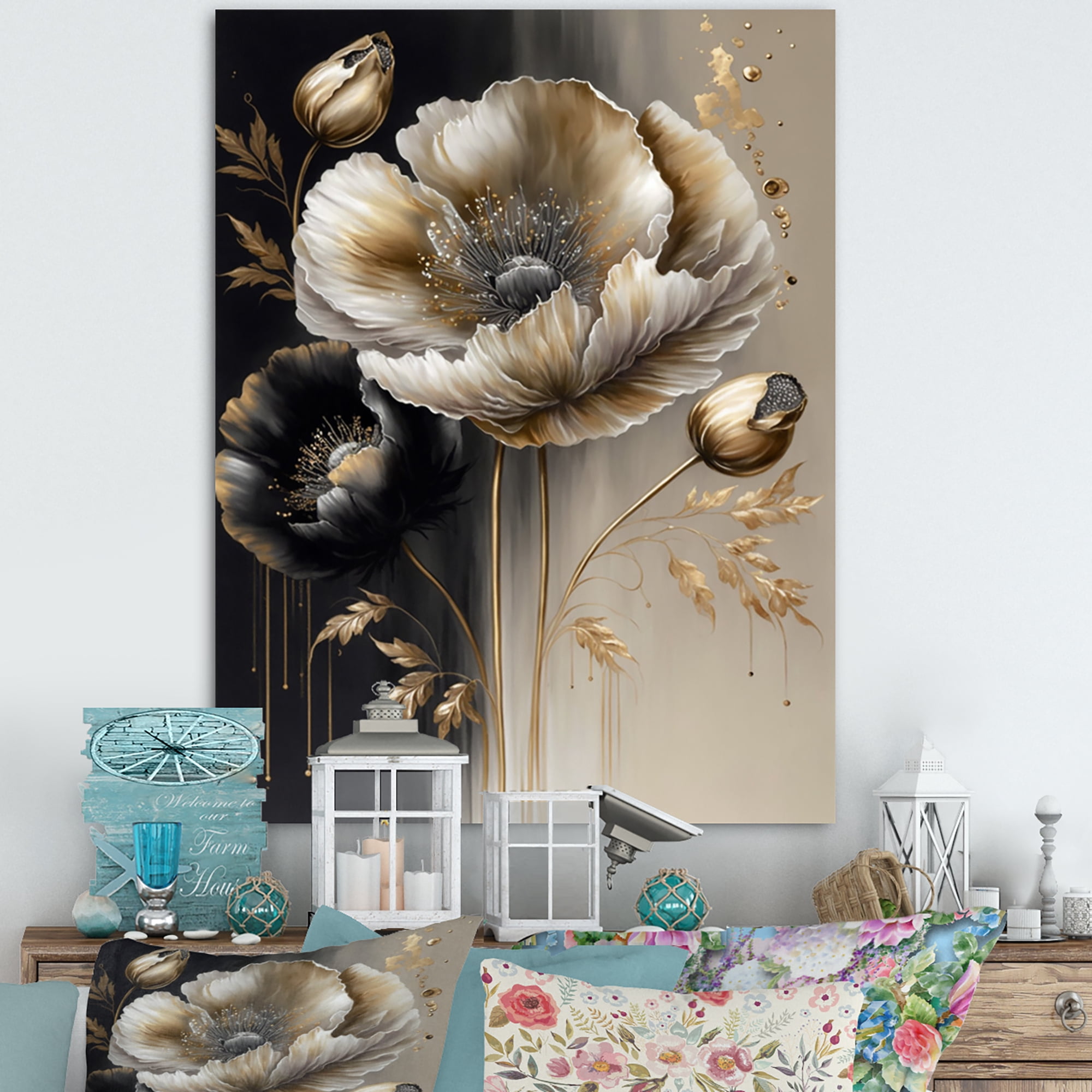 Designart Grey Gold Flower Bouquet V Canvas Wall Art