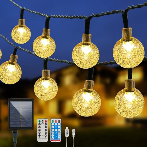 12M 100 LED String Lights with Remote Control, Solar and USB Powered Outdoor and Indoor, 8 Modes Waterproof Garden String Lights