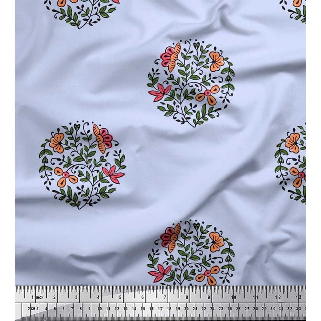 Soimoi Polyester Crepe Fabric Leaves & Floral Block Printed Fabric 1 Yard 52 Inch Wide