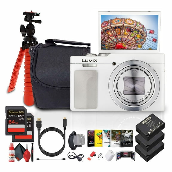 Panasonic TZ99 / ZS99 Point and Shoot Compact Travel Digital Camera (White) (DC-TZ99E-S)   Photo Software   2 x 64GB Memory Card   2 x DMW-BLG10 Battery   Camera Bag   Flexible Tripod   More