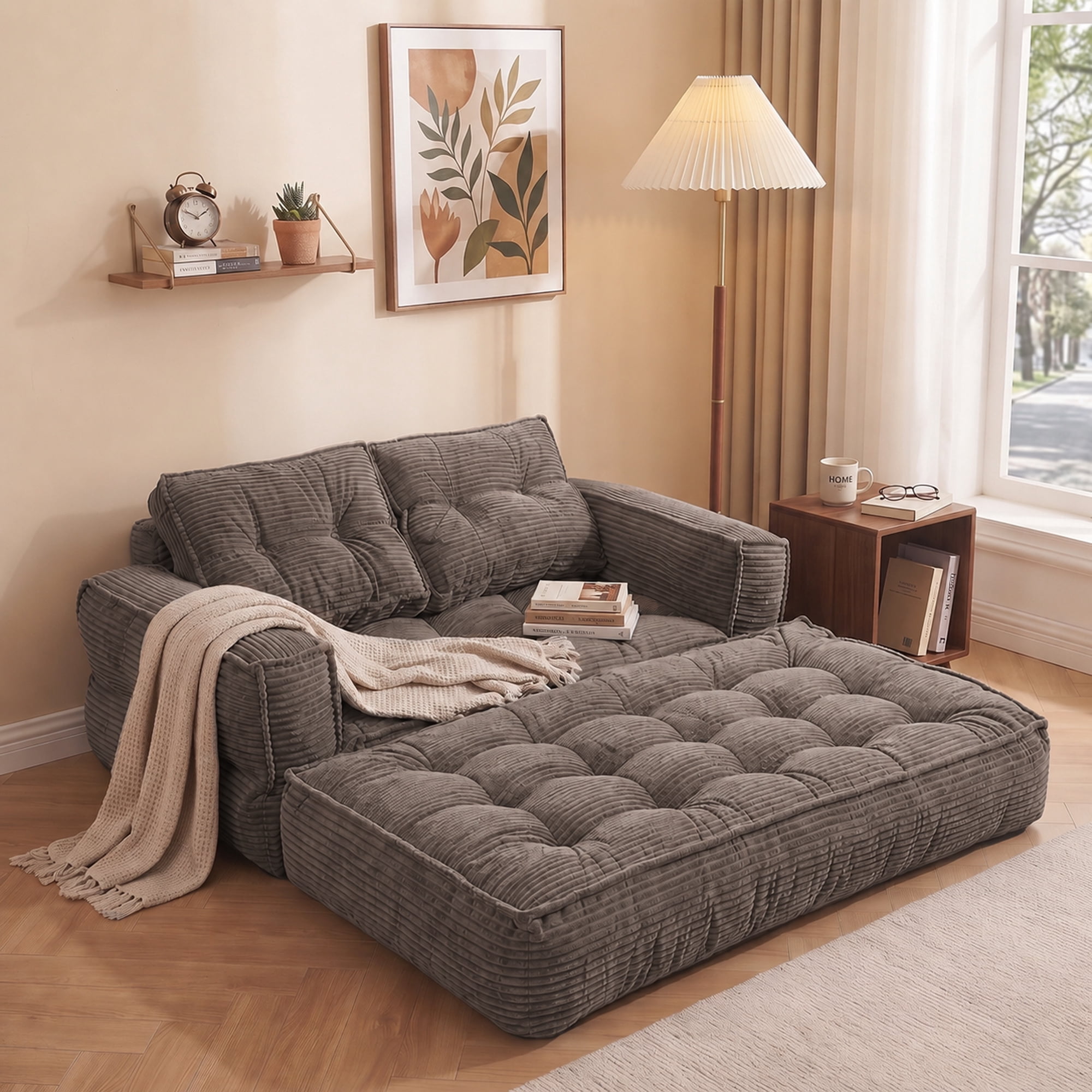 Modular Floor Sofa 51.18 Inch, 2-Seater Corduroy Couch with Chaise Lounge, Lazy Double Sofa for Living Room and Apartment, No Assembly Required, Coffee