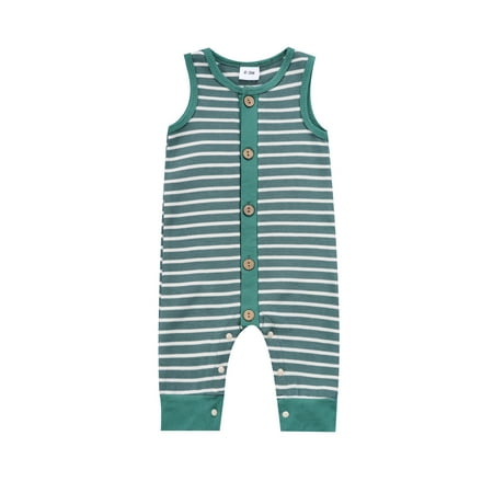 

Baby Girl Romper Sleeveless Round Neck Toddlers Summer Casual Striped Buttons Jumpsuit