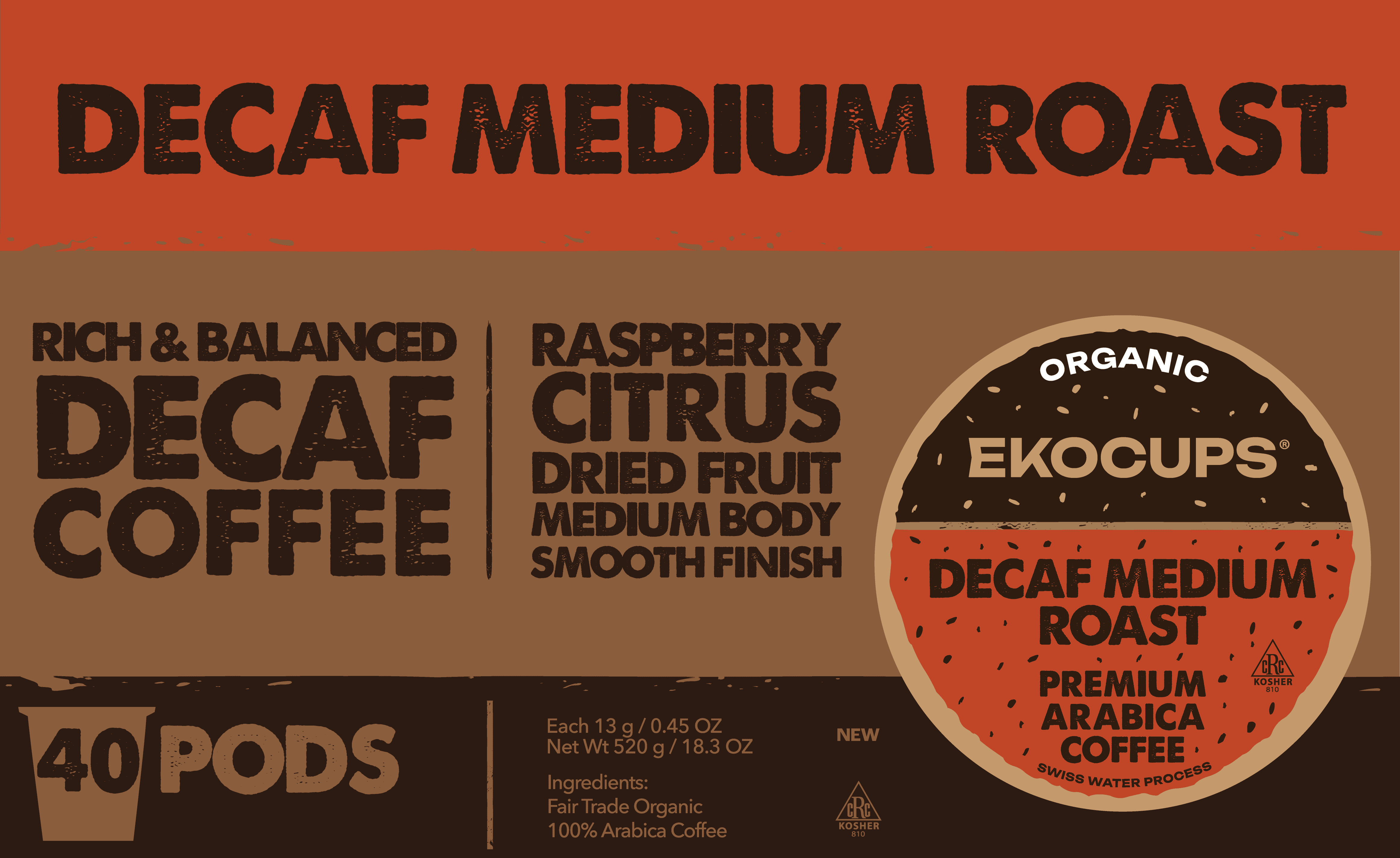 EKOCUPS Decaf Organic Coffee, Medium roast, 40 Count For Keurig K Cup Brewers