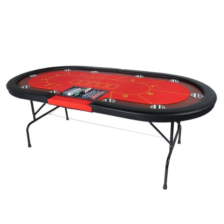 Foldable Poker Table for 10 Player  Oval Folding Portable Texas Holdem Poker Table with Water-Resistant Cushioned Rail & Stainless Steel Cup Holders  for Blackjack Casino Game Red