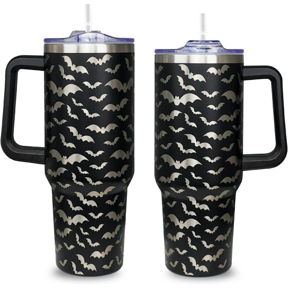 40oz Halloween Tumbler with Handle, Bat Coffee Cups with Lid and Straw, Stainless Steel Insulated Travel Mug, Halloween gifts for women & men