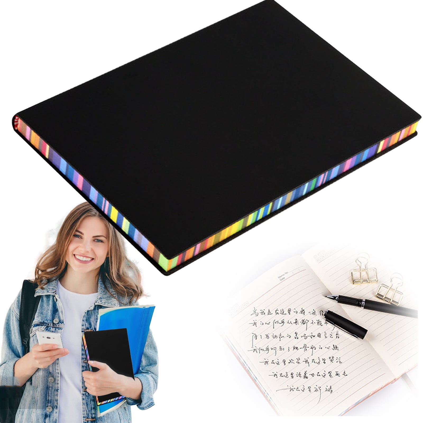 VKLU 4 Pack Bulk A5 Notebooks, Rainbow Gilded Edge Journal, Hardcover PU Leather Writing Notepad for Professional Meetings, Black