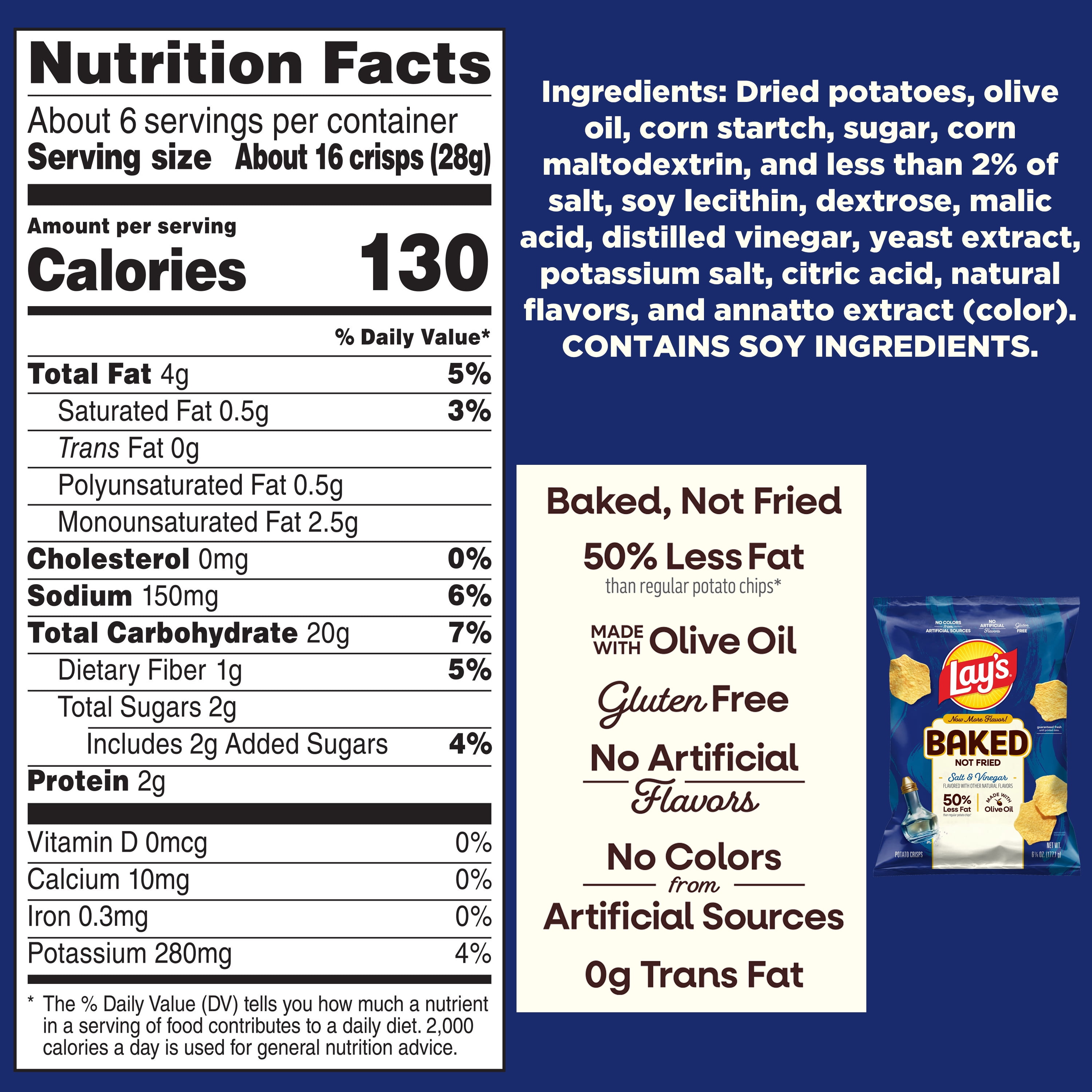 Baked Lay’s 50% Less Fat Salt & Vinegar Potato Chips Bag, 6.25 oz