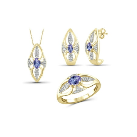 14k Tanzanite Jewelry Set - 1 1/3 Carat T.G.W. Tanzanite And White Diamond Accent 14k Gold Over Silver 3-Piece Jewelry set