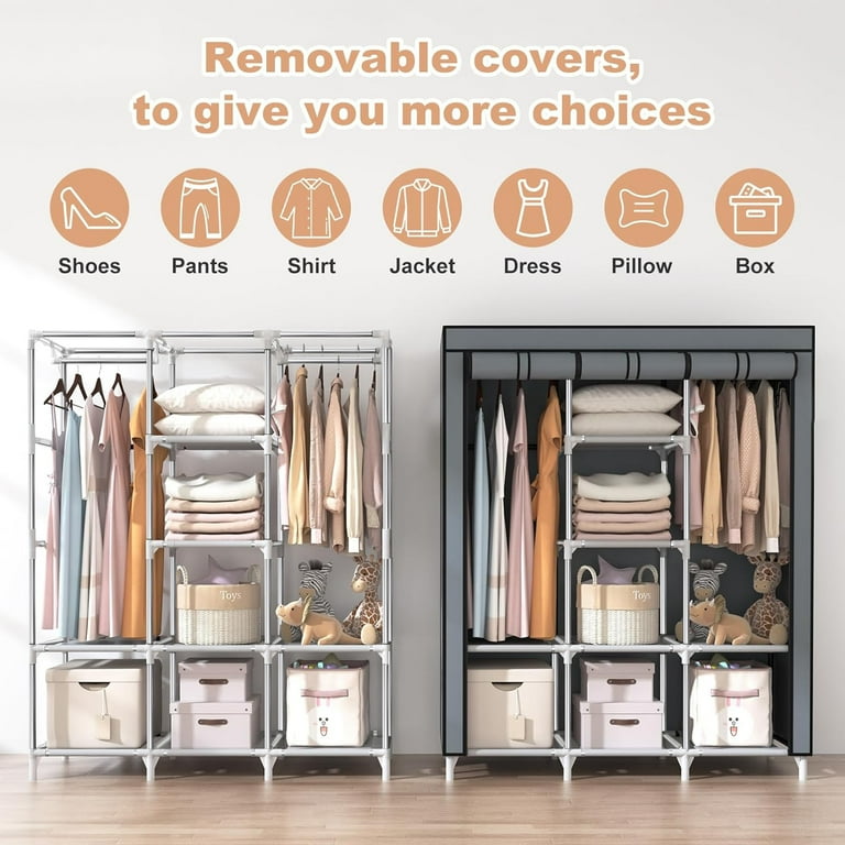 BN-LINK Portable Closet Wardrobe, Wardrobe Closet Organizer with Non-Woven Fabric Cover, 8 Compartments, Large Clothes Storage Organizer, 51.2x 17.7 x 67 Inches, Gray