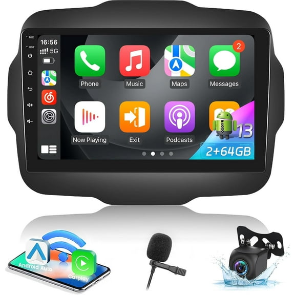 2 64G Android Car Radio for Jeep Renegade 2015 2016 2017 2018 2019 2020 - Wireless Carplay & Android Auto - 9 Inch Touch Screen Radio with EQ DSP, GPS, WiFi, SWC   AHD Rear View Camera