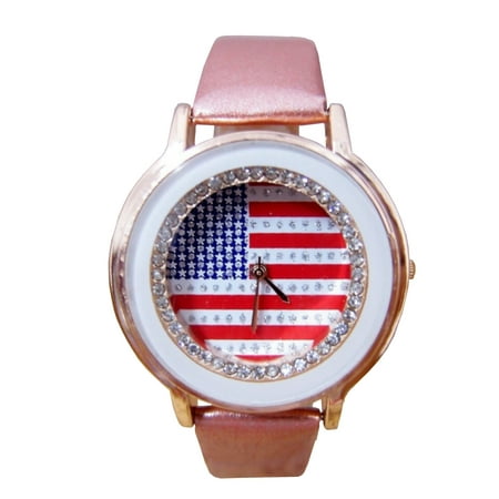 American Flag Watch with Crystals Metallic Pink Band Watch-131