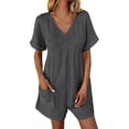 thumbnail image 3 of Women's V Neck Cotton Linen Jumpsuit with Pocket, Short Sleeve Back Zipper Romper, Casual Summer Jumpsuit for Beach Vacation, Streetwear and Daily Wear-Dark Gray, 3 of 10