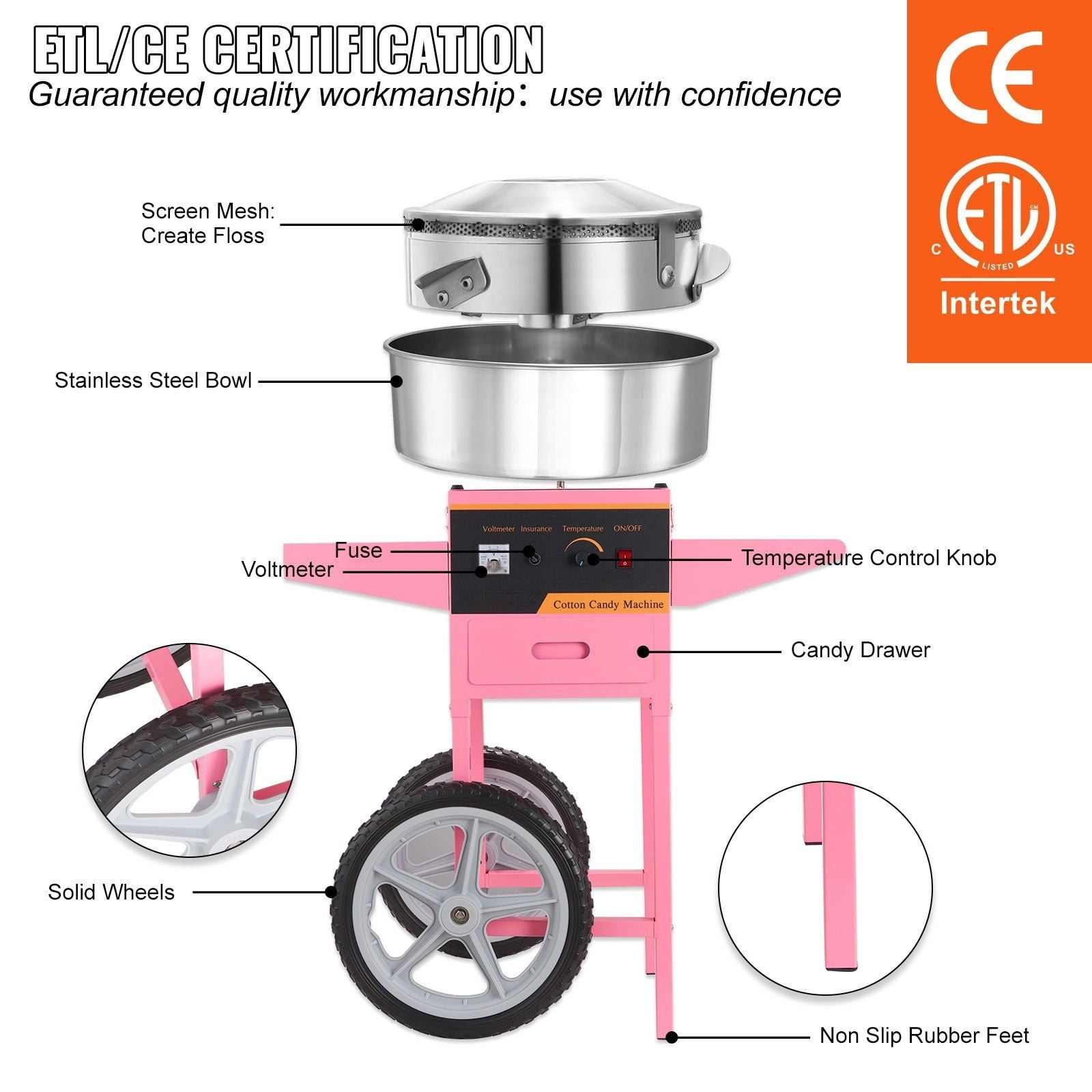 Cotton Candy Machine Commercial, 1000W Electric Floss Maker with Cart, Stainless Steel Bowl, Pink - for Parties, Kids, Home Use