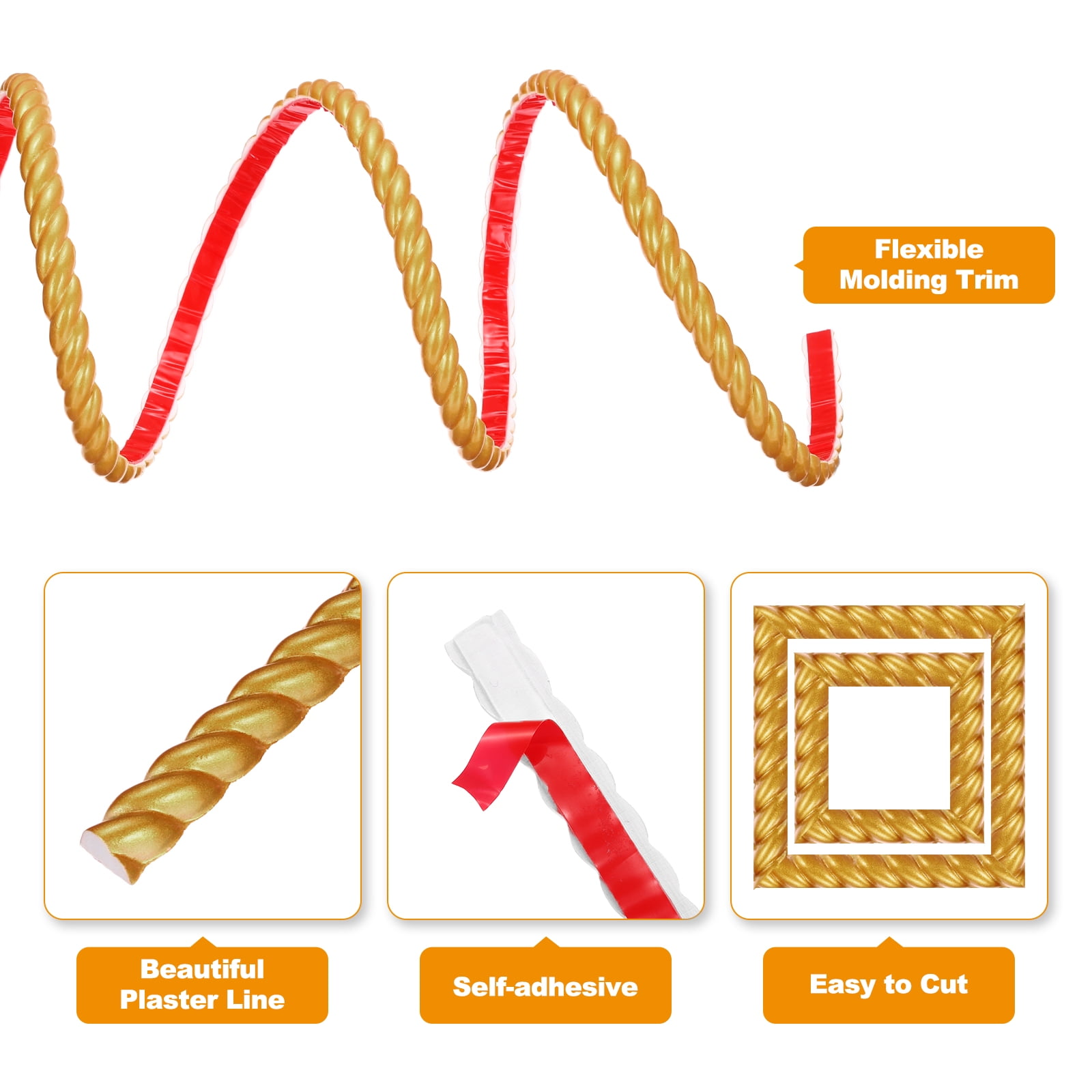 Unique Bargains Peel Stick Molding Trim Walls Adhesive Home Decor Gold 0.6" x 16 ft