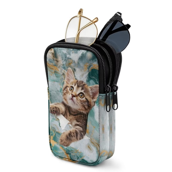 SEANATIVE Soft Neoprene Zipper Eyeglasses Pouch with Double Compartment Glasses Case Water-Resistant Lightweight Portable Eyewear Holder Bag for Women Men Travel, Cat Marble Green Gold