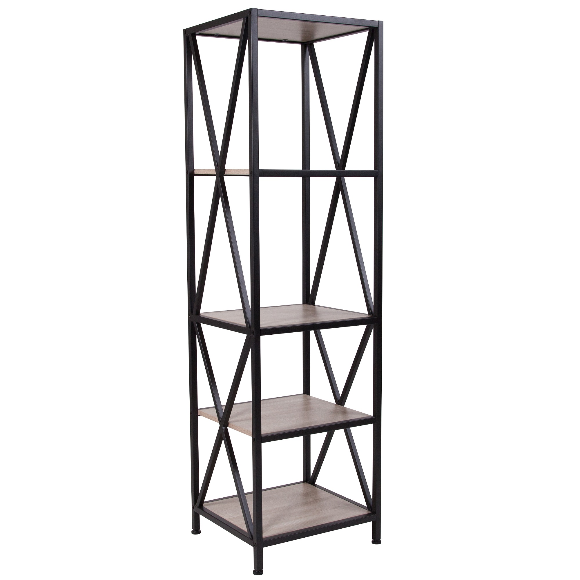 61” Black and Beige Four Shelf Cross Brace Bookcase in Sonoma Oak Wood