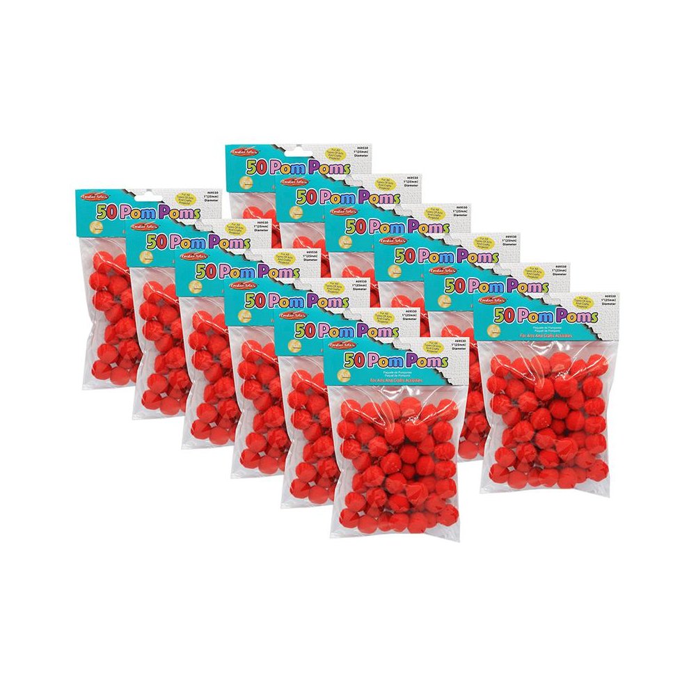 Charles Leonard Pom-Poms 1", Red, 50 Per Pack, 12 Packs
