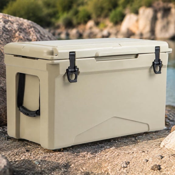 50 Qt Rotomolded Cooler, Insulated Ice Chest with Cup Holders, Fish Ruler, Bottle Opener, Tan