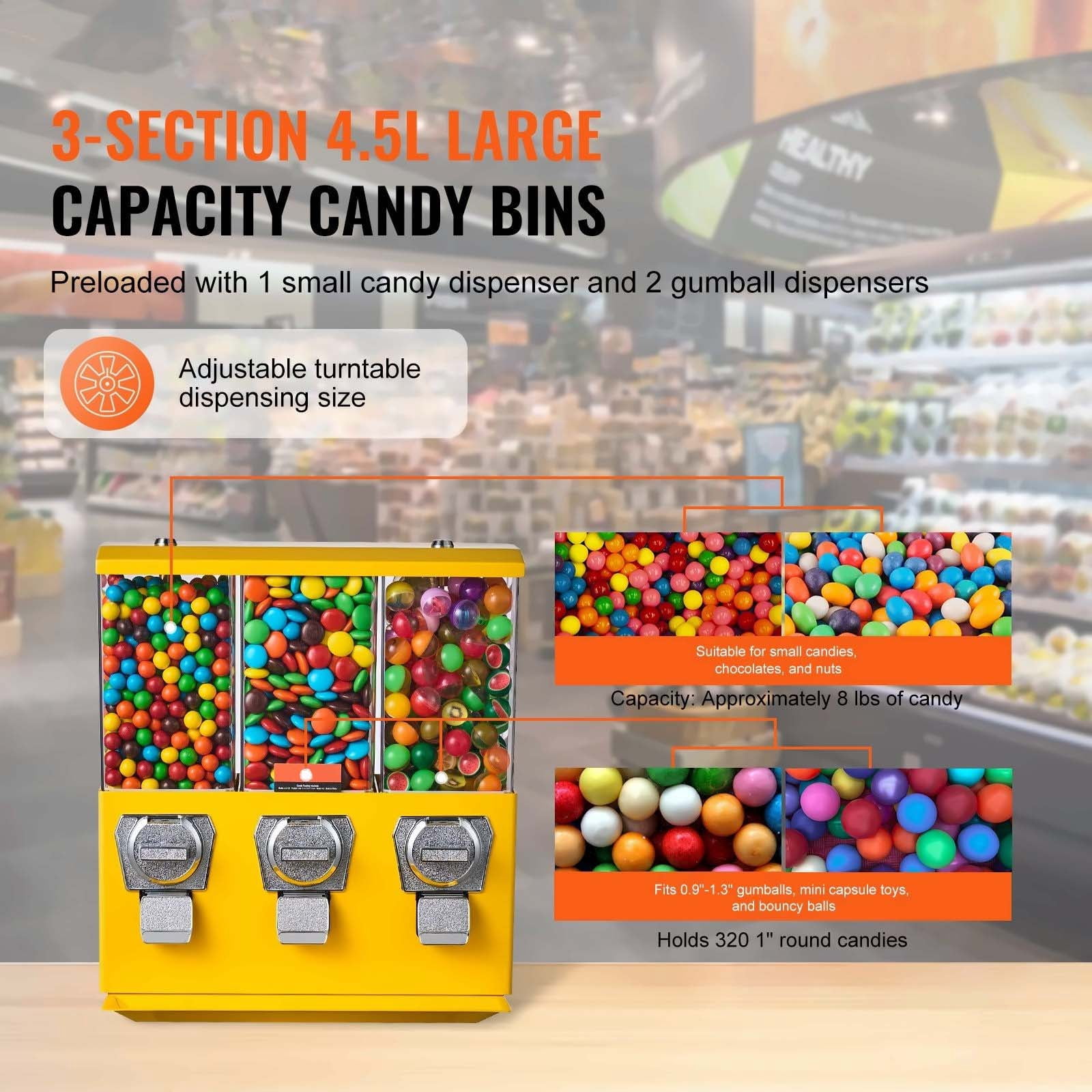 Candy Vending Machine - Triple Compartment Gumball & Candy Dispenser w/ Stand