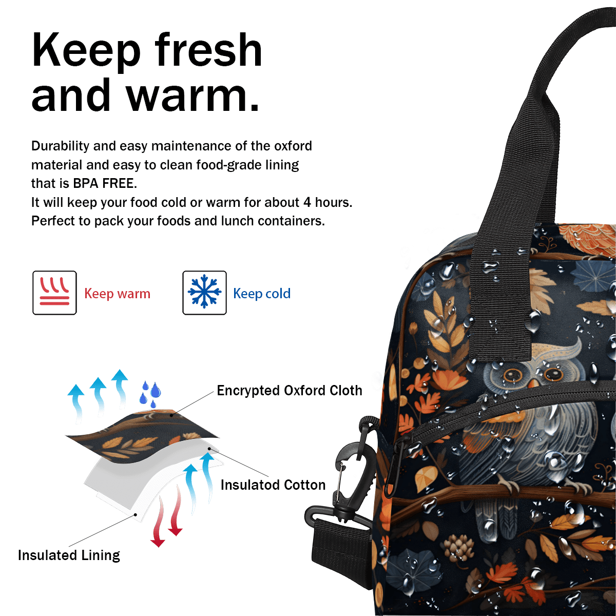 Herdesigns Cartoon Owl Insulated Lunch Bag for Women Men Adults Large Reusable Lunch Box Cute Owls Leakproof Cooler Tote Bags with Adjustable Shoulder Strap