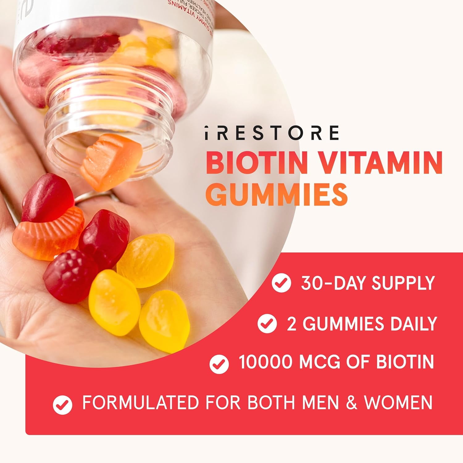 iRestore Biotin Gummies with Vitamins for Healthy Hair Skin and Nails | Nature's Fruit Flavor, Great Taste | Vegan Chewable Hair Growth Gummy for Women & Men | Non-GMO 10000 mcg