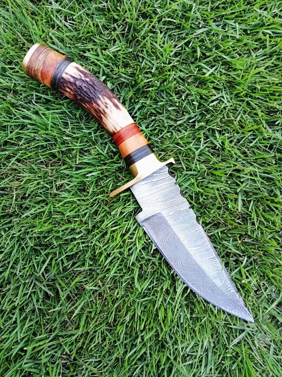 Custom Handmade Damascus Steel Skinning knife Stag Antler Handle With Belt Leather Sheath